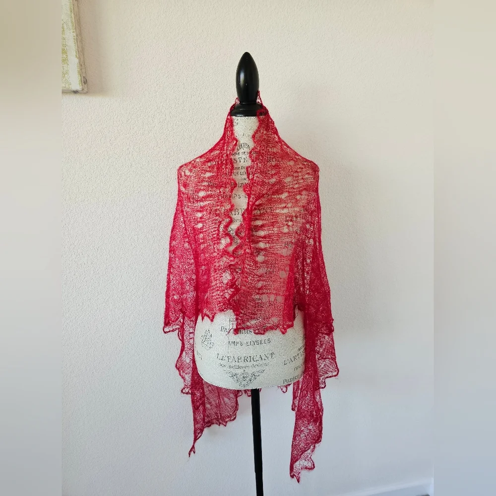 Vibrant Red Orenburg Russian Lace Scarf - Gossamer Goat Down Pautinka Stole
